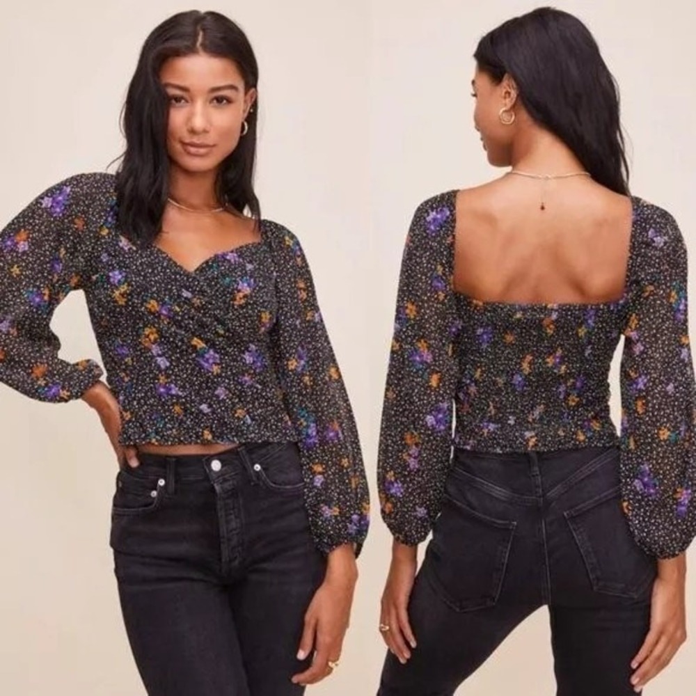 ASTR Shirred Puff Sleeve Sweetheart Neck Floral Smocked Top Size L Boho Black